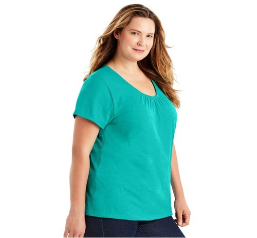 Just My Size Women's V-Neck Slub-Cotton Short-Sleeve Plus Size 1X Eco Teal - Picture 3 of 5