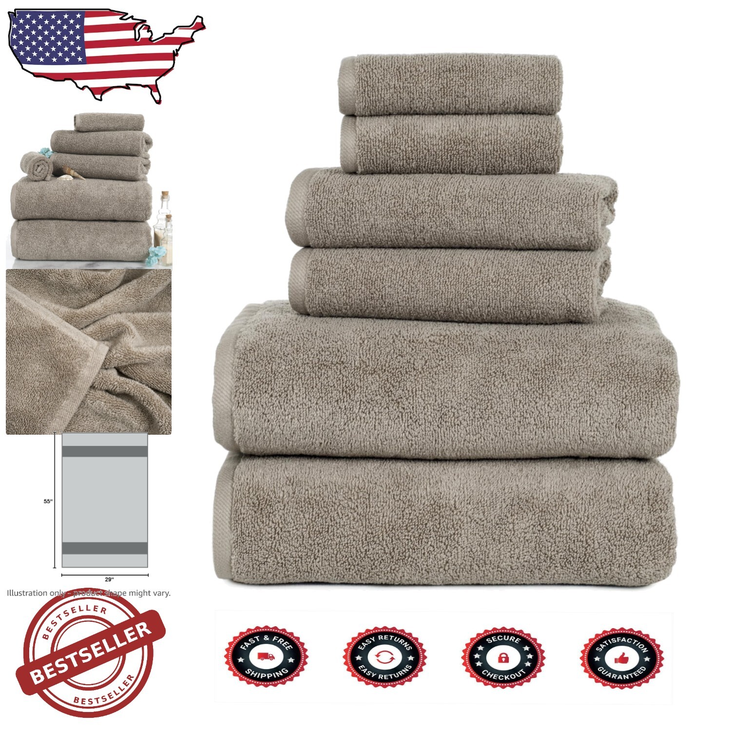 Luxury 6PC Taupe Cotton Towel Set - 2 Bath Towels, 2 Hand Towels, 2 Washcloths