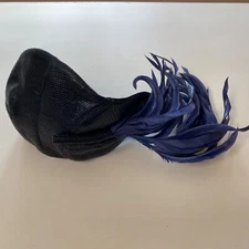 Vintage Lederer De Paris Hat Navy Blue Lizard With Feathers Very Nice Condition!
