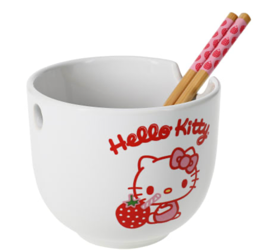 Hello Kitty Strawberry Ceramic Ramen Bowl W/Chopsticks 16 Oz. Bowl NEW (Sanrio) - Picture 3 of 4