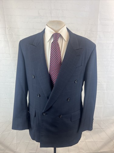 Tom James Men's Navy Blue Gray Plaid Suit 44L 36X33 $1,195
