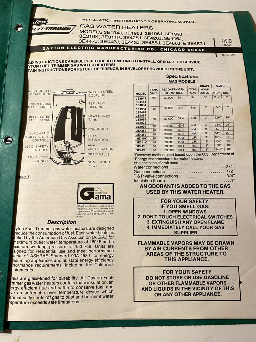 Dayton Fuel-Trimmer Gas Water Heater Instructions and Operating Manual |  eBay