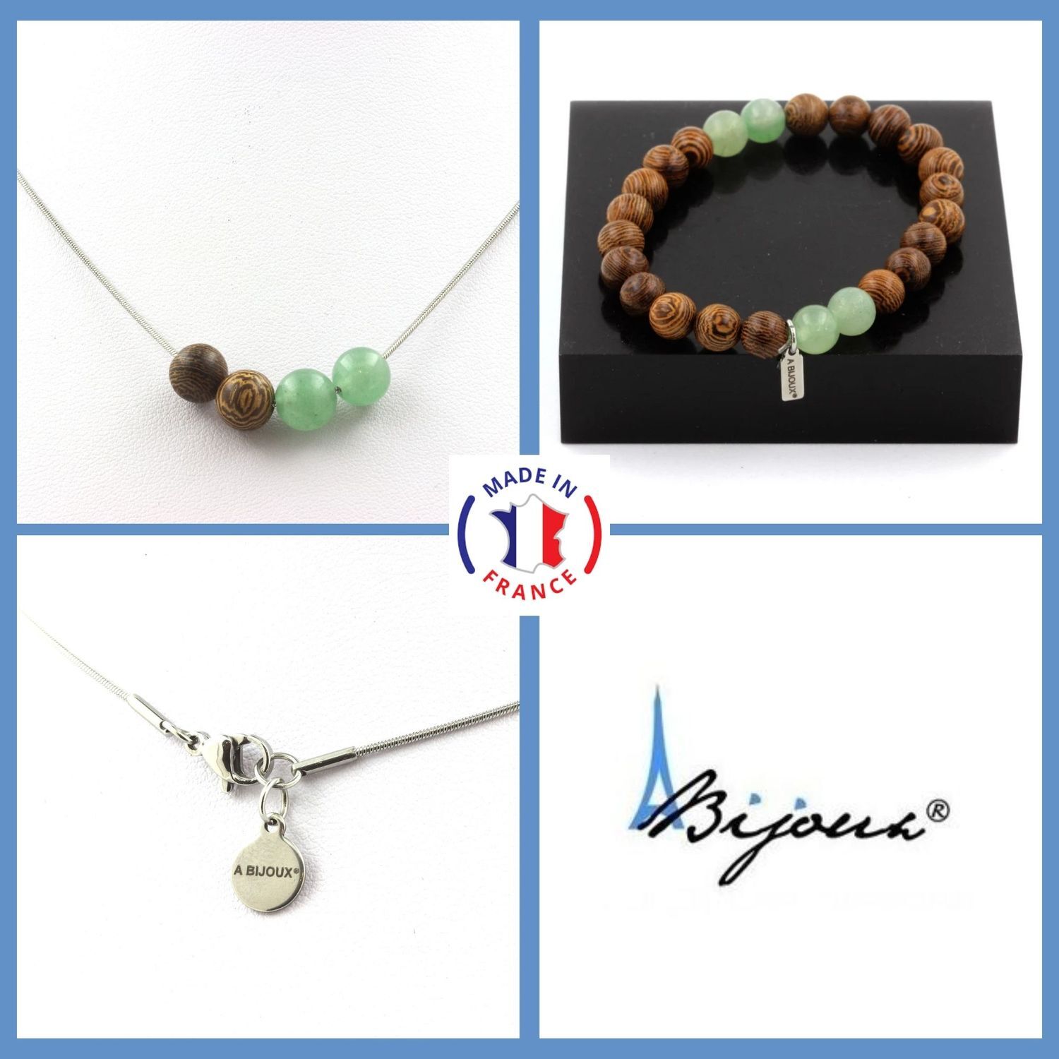 Parure collier bracelet aventurine et bois 8 mm avec chaine sur mesure anti-allergique