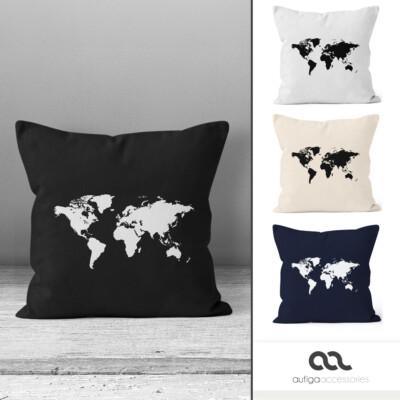 bedruckter Kissenbezug 40x40 Weltkarte World Map Kissen-Hülle Baumwolle Autiga 