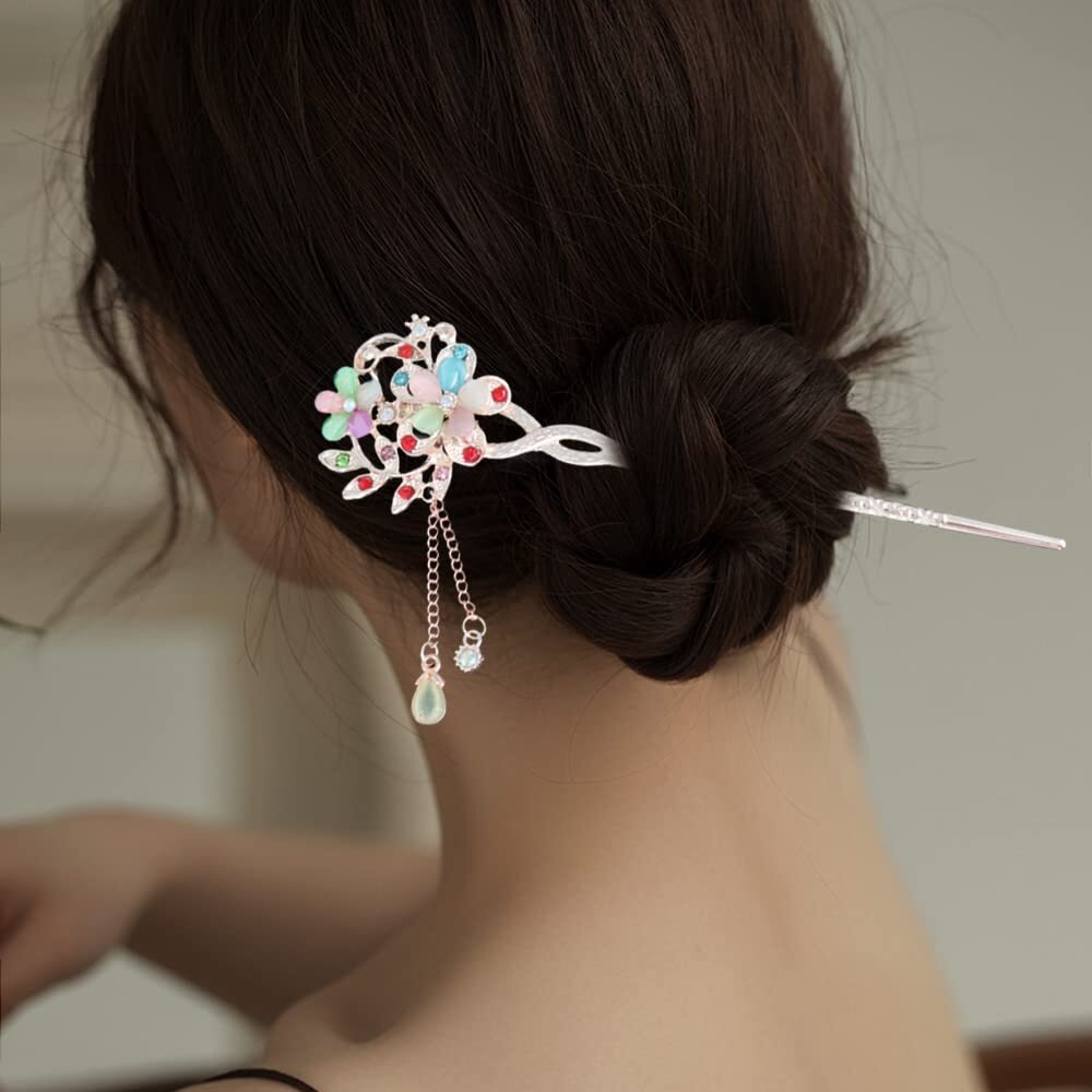 5 Colors Chinese Flower Hair Sticks Retro Glitter Rhinestone Hairpin Tassel