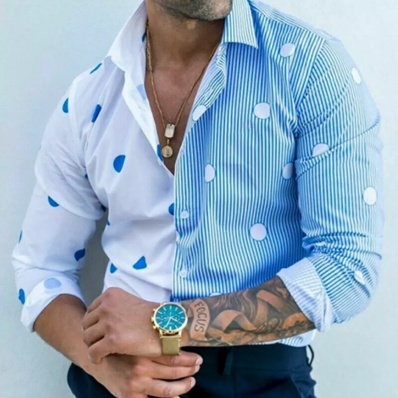 Camisa Con Botones Hombre Azul Claro Lunares Blancos Rayas Manga Larga eBay