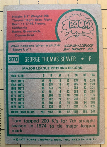 1975 TOPPS BASEBALL TOM SEAVER #370 - HOF - Picture 2 of 2