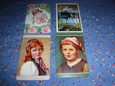 a12. 4 Vintage Swap Playing Cards  Blank Backs  Young Boy Girl Lady Flowers Wate