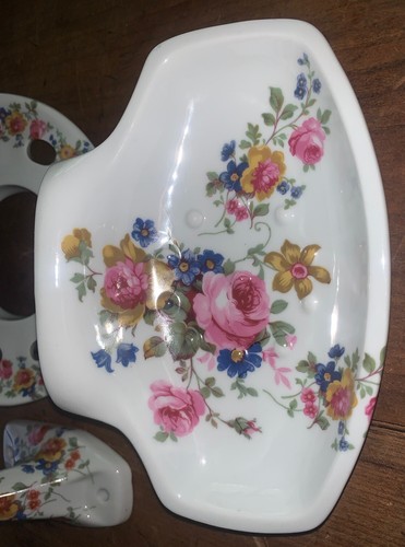 VTG Italy Porcelain 3pc Bathroom Wall Fixtures Soap Dish Toothbrush Holder Hook - Picture 2 of 15