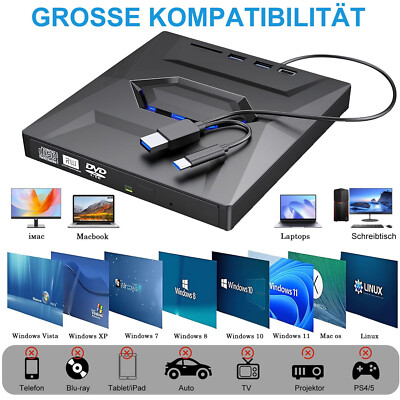 7 in 1 USB 3.0 Externes CD/DVD Laufwerk Brenner Player mit Type C für Laptop PC