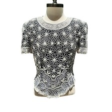 Papell Boutique Evening Women s Black Floral Beads Pearls V-Hem Blouse Size L