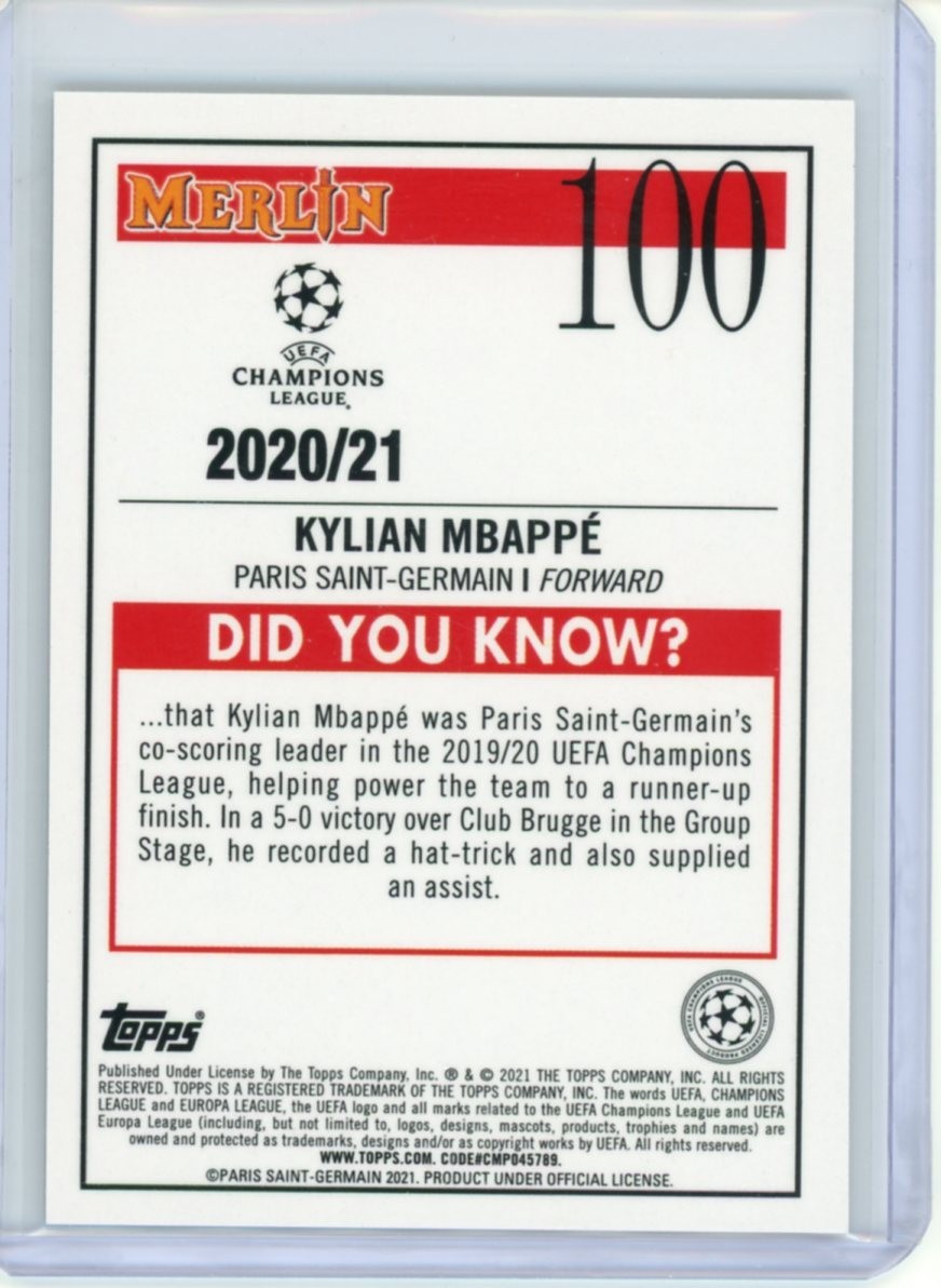 2020-21 TOPPS CHROME MERLIN UEFA CHAMPIONS LEAGUE BASE KYLIAN MBAPPE #100 view 2