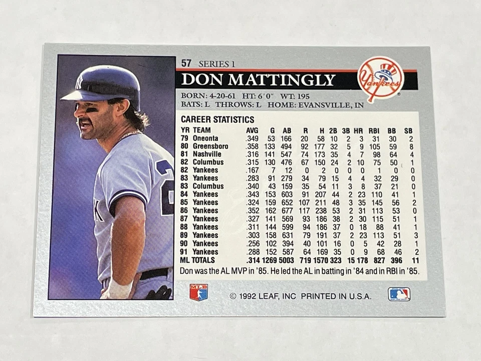 1992 Leaf Baseball #57 - Don Mattingly - New York Yankees - Image 2 of 2