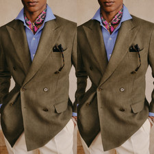 New Linen Men's Suit Breathable Peak Lapel Office Tuxedo Jacket Olive Green 2Pcs