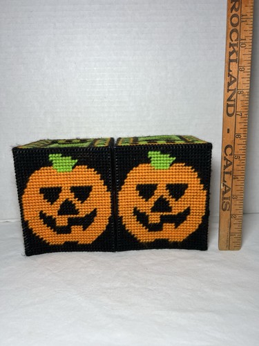 Vintage Needlepoint square handmade Halloween Tissue box jack o lantern Set Of 2 - Picture 13 of 14