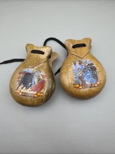 2 Vintage Hand Painted Spanish Castanets Bull Fighter & Dancers Espana