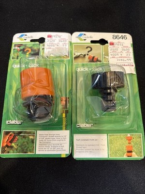 2 Piece NEW NOS Claber Quick-Click Garden Hose Tap Connector  8494 & 8646 Italy