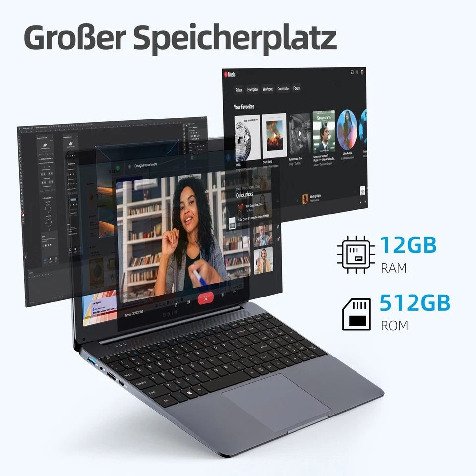 SGIN Notebook 15,6 Zoll Laptop 12GB RAM 512GB SSD Intel Quad-Core 2,9GHz Win 11 - Bild 3 von 4