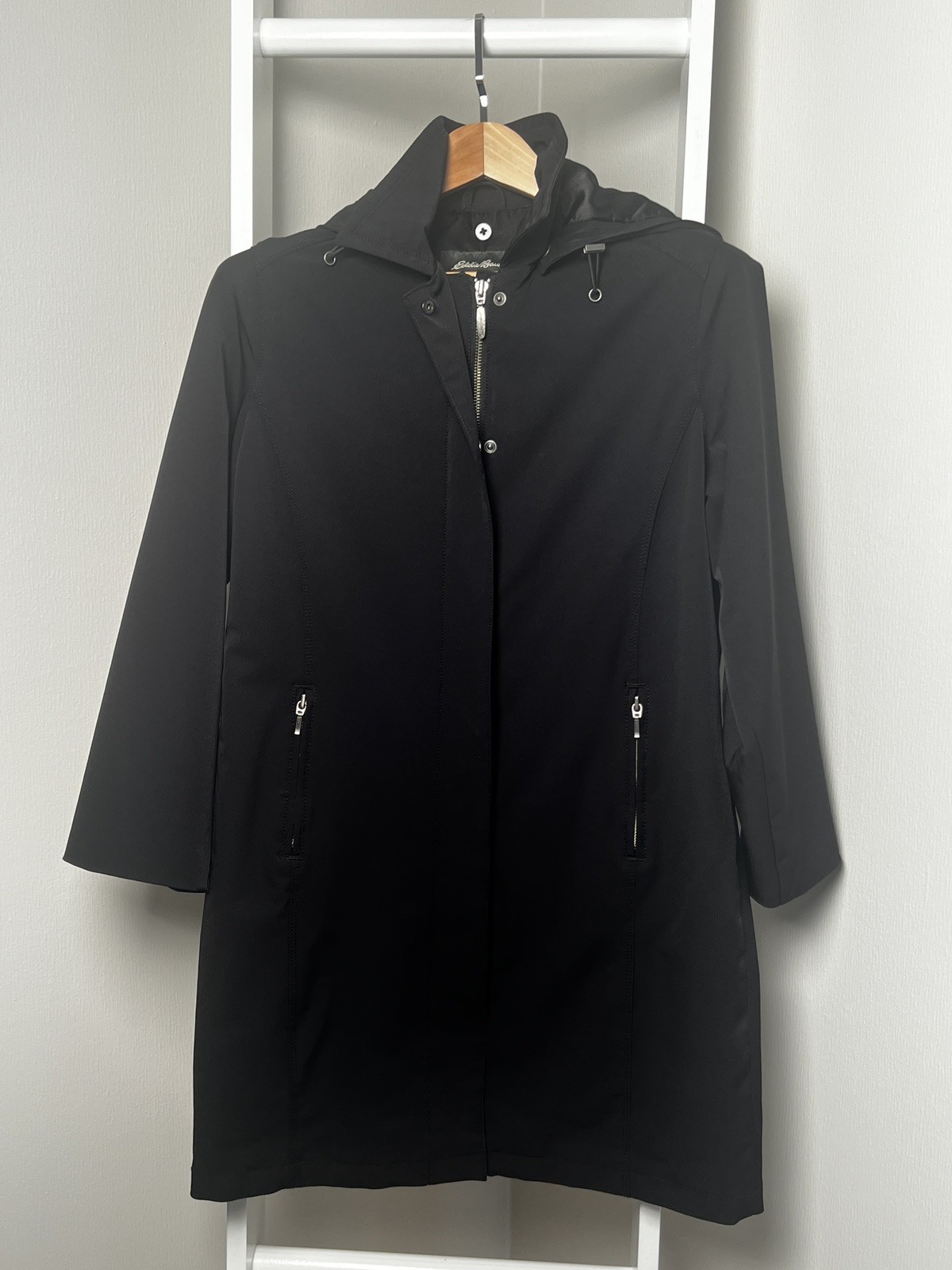 Womens M Black Hood Zip Up Snaps Pockets Collar Stretch