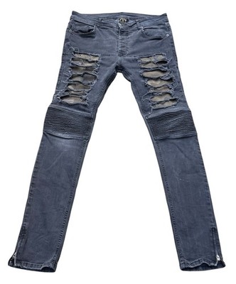 GLORIOUS GANGSTA grey moto style skinny stretch jeans frayed 32 W 33 L