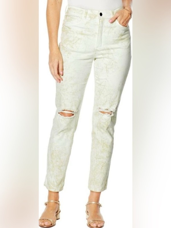 Brittney Humble NWOT Distressed knees Cream & Green Tie-Dye marble Jeans size 8