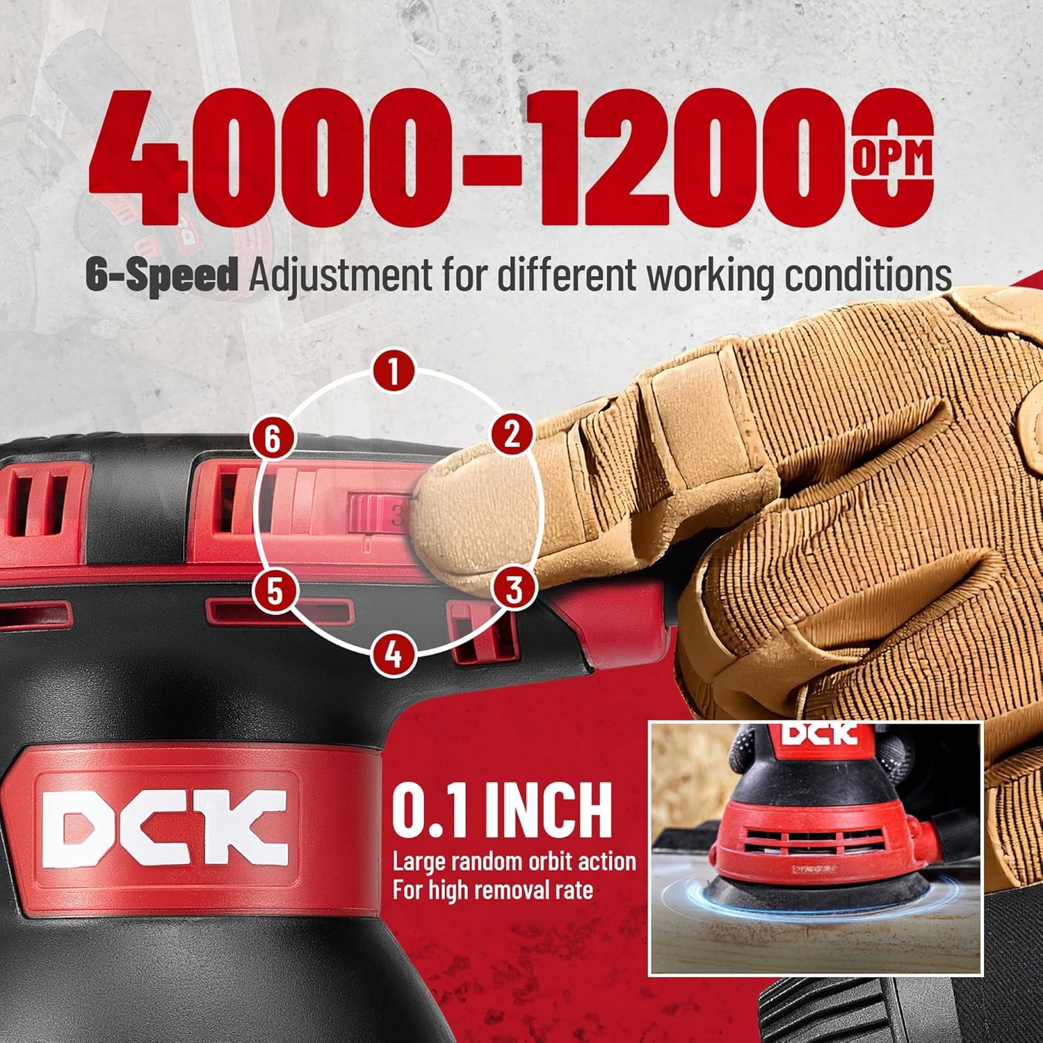 DCK Random Orbital Sander, 3.0 AMP Corded Palm Sander, 6 Speeds Max 12,000 OPM