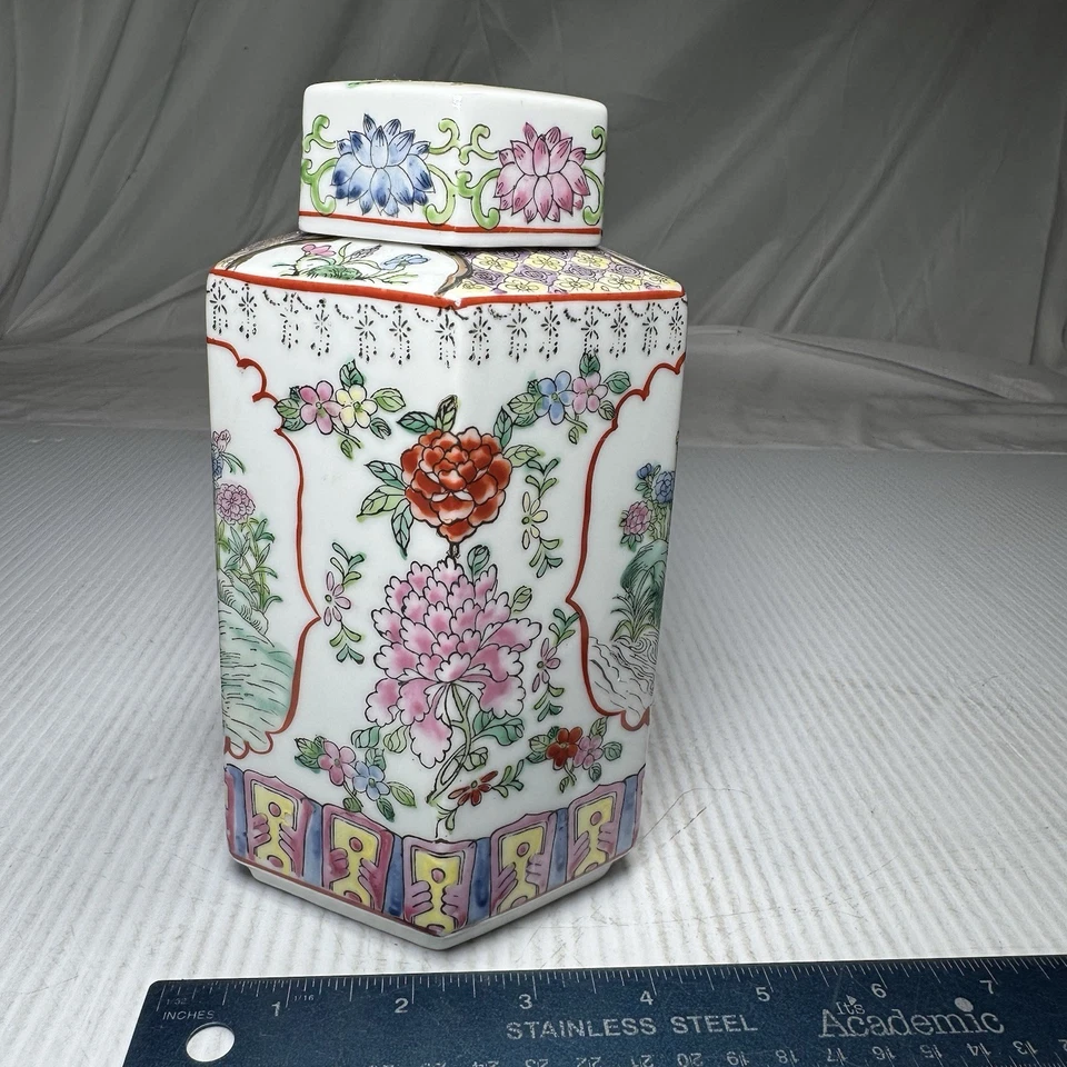 Antiguo carrito de té hexagonal rosa familiar porcelana china bote sellado Foto 2 de 4