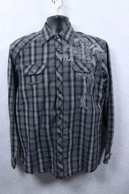 Y2K Roar Men's Button-down Shirt Large Gothic Emo Embroidery Long-sleeve Black