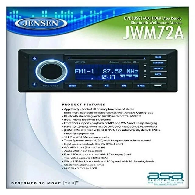 Jensen JWM72A 3-Speaker Zones Slimline |USB|AUX|HDMI|App Ready Bluetooth Wall... - Image 2 of 4