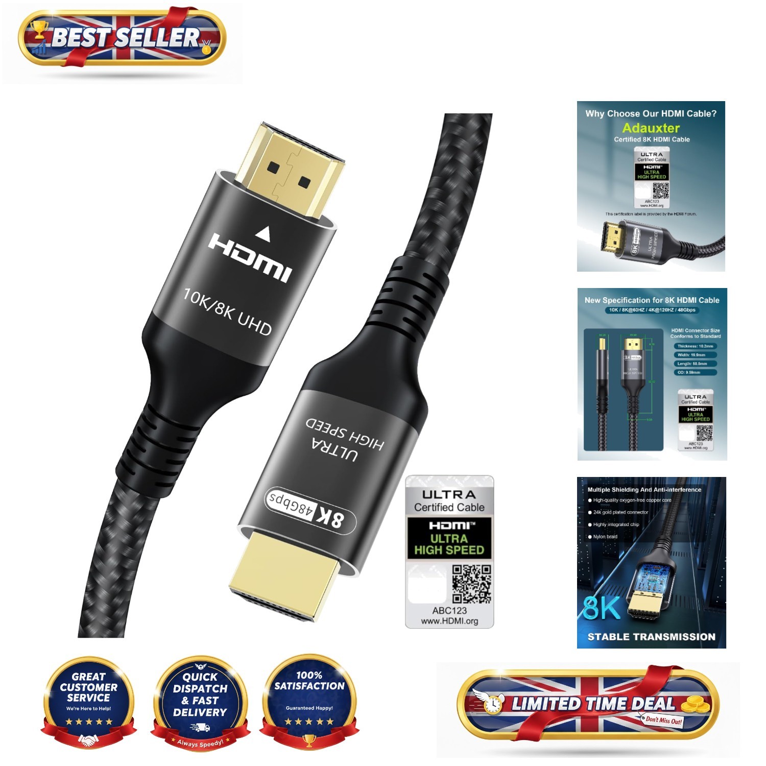 2M HDMI 2.1 Cable, Certified 10K 8K, 48Gbps for Gaming, Home Theater - Braided