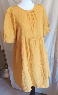 Dokotoo Dress Babydoll M Yellow Puff Sleeve Loose Fit Pockets Button Back