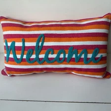 Welcome Pillow Home Porch Patio decor Color Pink Orange White Stripes