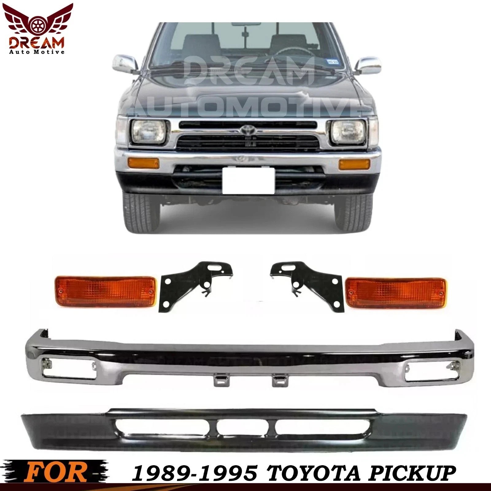 Front Bumper  Chrome Steel Kit & Signal Lights For 1989-1995 Toyota Pickup
