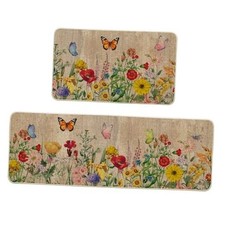 Wood Flowers Butterfly Spring Kitchen Mats Set of 17" x 29" /17" x 47" Brown