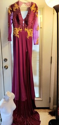 Royal Purple V Neck Long sleeve Mermaid Prom and Evening Gown w gold appliques