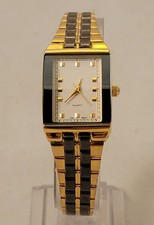 Women's Gold Tone and Black Link Quartz Watch with White Rectangular Dial
