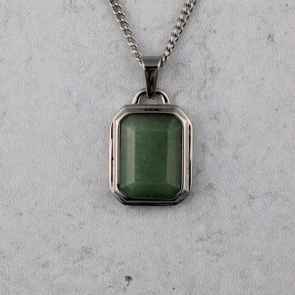 Silver Aventurine Pendant Chain Necklace Stainless Steel Green Gemstone - Image 4 of 4