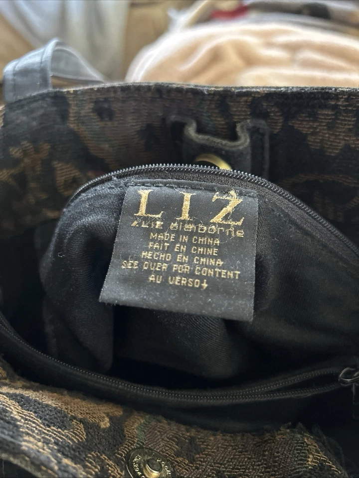 VTG Liz Claiborne Tapestry Handbag, Suede Accent, Leather Straps,  Zipper Pocket - Image 2 of 4