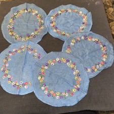 5 Vintage Hand Embroidered Blue Placemats/ Napkins Floral Design