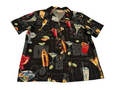 Paradise Found Women's Hawaiian Camp Shirt Black Rayon Aloha Cocktail M