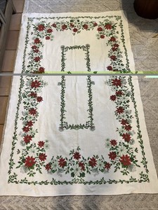 vintage christmas tablecloth rectangle Appr 82 X 53 Terrycloth Poinsettias Holly