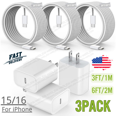 3X 20W USB-C Power Adapter Block For iPhone 15 16 iPad Pro PD Fast Charger Cord