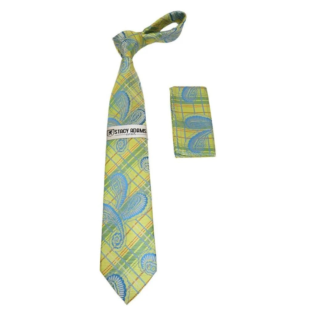 Mens Stacy Adams Necktie and Hankie Set Fancy Design Silky Look SAT37 Yellow 6390₽
