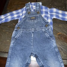 Vintage 90s Oshkosh B' Gosh Blue Denim Overalls Infant 18 M With Flannel Shirt