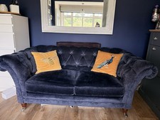 Laura Ashley Chesterfield 2-Seater Sofa Navy Velvet Rolled Arms Cushions 180cm