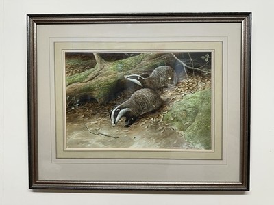 David Parry Original Aquarell Dachse und Set
