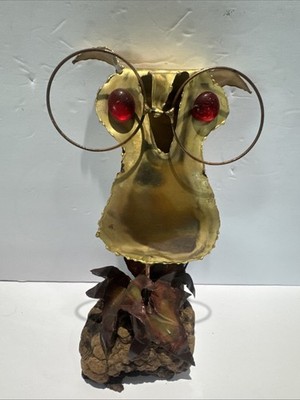 Copper Brass Owl Spectacles On Wood Base Sculpture