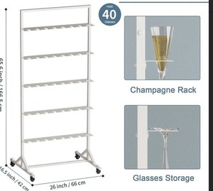 Freestanding Metal Champagne Glass Wall, White, Rust-Proof,Wheeled hold 40 glass