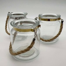 Glass Lanterns 3 pc Rope Handle Gold Silver Accent Votive Candle Holders 3x3.5