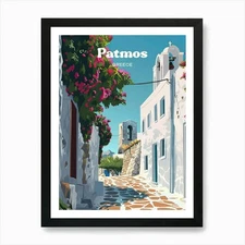 Patmos Greece Street Travel Art Ill Framed Wall Art Poster Canvas Print Picture